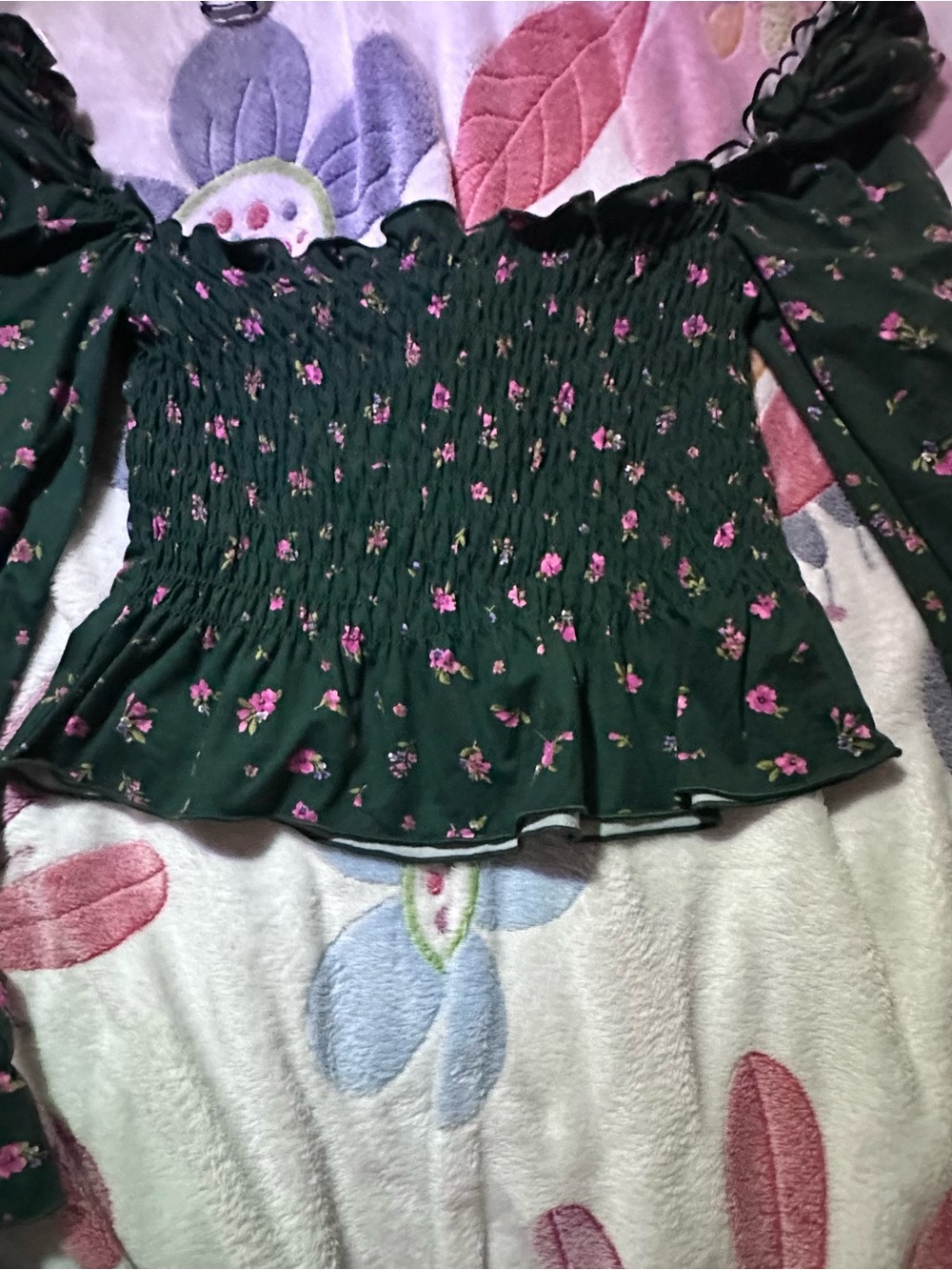 Heart Hips Dark Green Floral Smocked Off-Shoulder Blouse